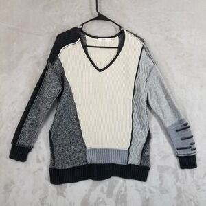 Ost Sweater Women M Gray Cashmere Cotton Colorblock Mixed Media V Neck Casual